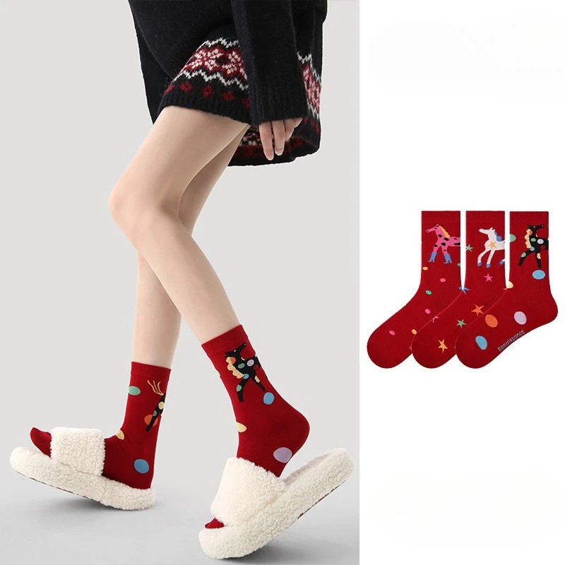 3 Pairs of Women's New Year Socks Horse Year Winter Casual Red Casual Warm Socks Fashionable Round Neck Socks Simple