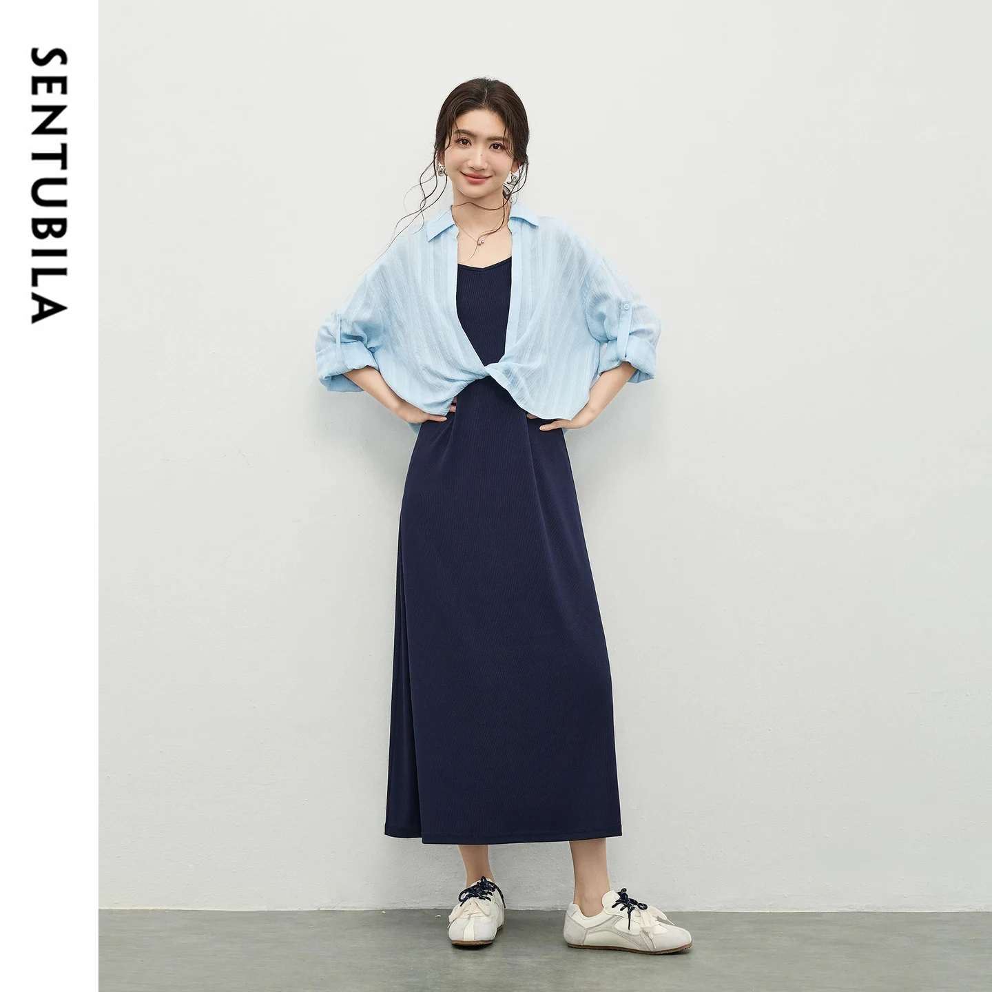 SENTUBILA Women's Office Two-Piece Set 2026 Spring New Lapel Collar Striped Textured Shirt V-Neck Knit Slip Dress Sets 161ZB5885