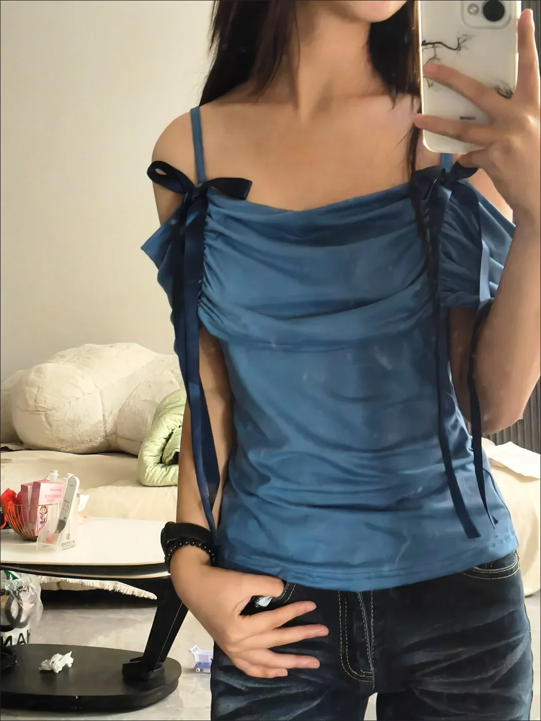 

American Vintage Slash Neck Off Shoulder Pleated Strap Top Summer New Sweet Spicy Girl Bow Short Sleeved T-shirt Women Y2k Top
