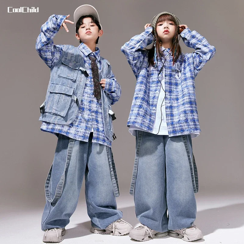 

Hip Hop Boys Paid Shirt Denim Vest Loose Jeans Girls Jazz Blouse Child Street Dance Clothes Sets Kids Streetwear Teens Costumes