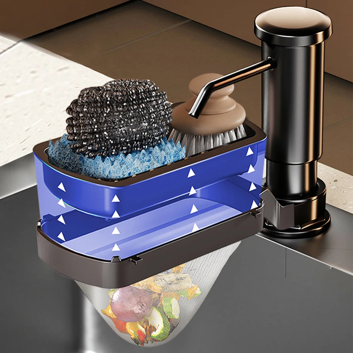 Black Kitchen Sink Soap Liquid Pump with Removable Storage Rack and Drainer Basket, Multiple Use Soap Dispenser, Sponge Storage