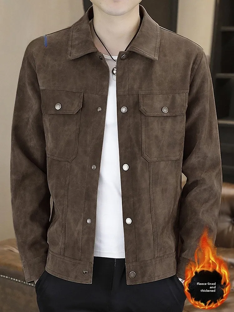 

Rn Men's Suede Jaet Casual Lapel Workwear Outerwear Winter Long Sve Faux Leather Polyester Blend Comfortable Fit