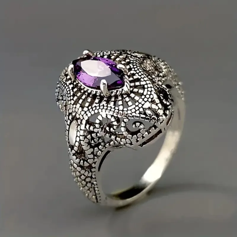 

Jianjie Light Luxury Women’s Retro Purple Cubic Zirconia Hollow Rings Elegant Banquet Party Female Ring Accessories Trend