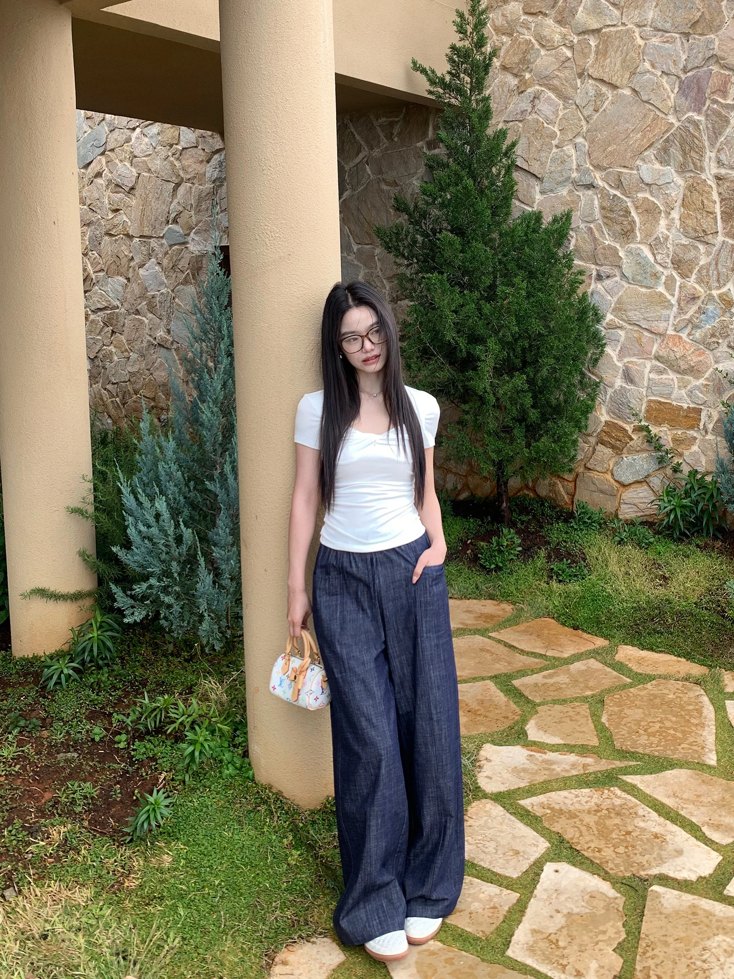 

Comfortable Rhythm Pusumede Lazy Style Loose Casual Pants Women Elastic Waist Drawstring Straight Leg Wide Leg Long Trousers