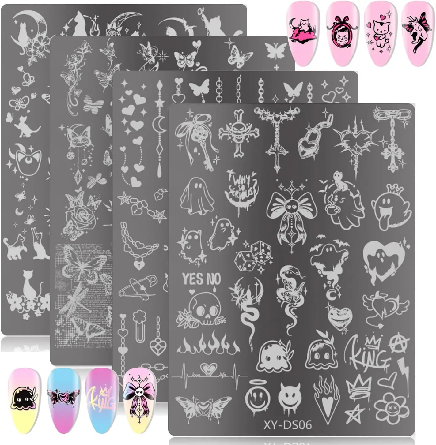 

4Pcs Gothic Nail Stamping Plate Set - Dark Kawaii Nail Art Templates, Stainless Steel Spooky Sweet Plates with Skull & Lace
