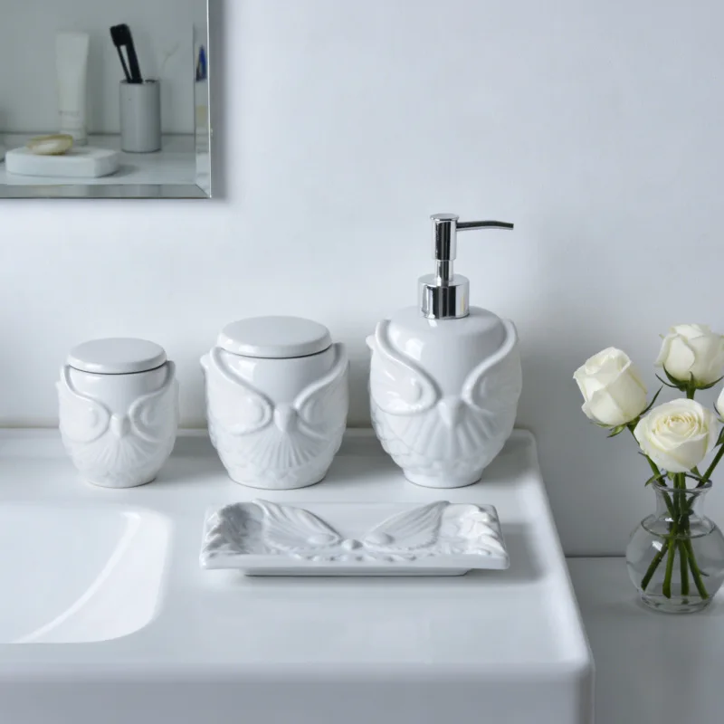 Creative White Owl Ceramic Soap Dispenser Soap Dish Rinse Cup Bathroom Accessories Modern Embossed Owl Lotion Bottle Home Decor