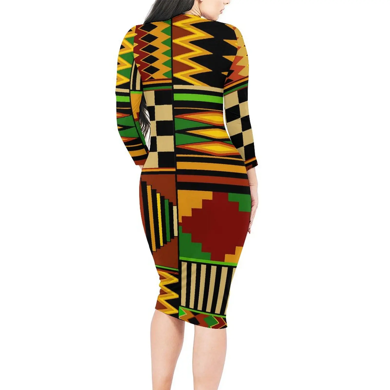 African Ethnic Print Dress Women Tribal Kente Design Fashion Bodycon Dress Autumn Long Sleeve Sexy Dresses Big Size Vestidos