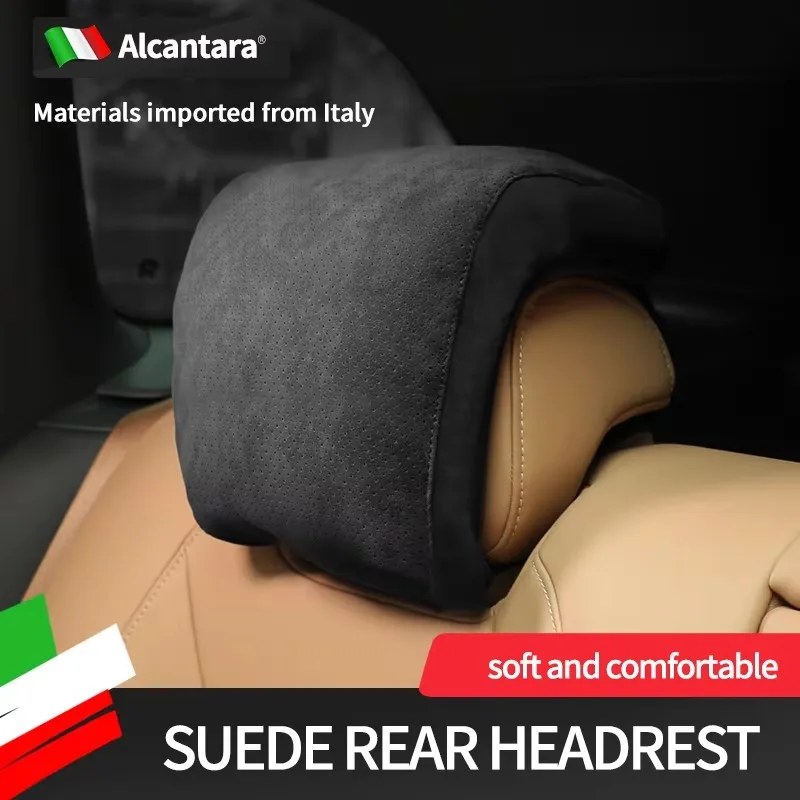 Breathable Alcantara Suede Universal Car Rear Second Row Seat Headrest With Adjustable Straps Neck ProtectHead Rest Pillow
