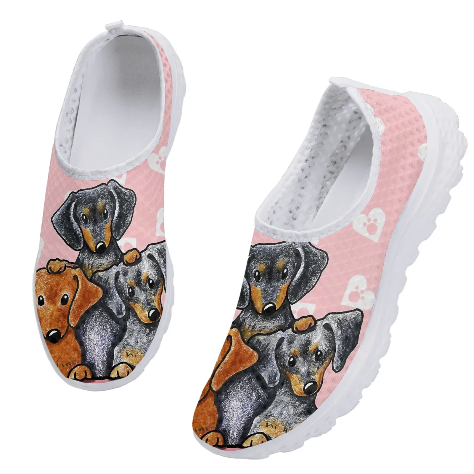 Fashion Cartoon Dachshund Print Lightweight Breathable Mesh Shoes Pink Heart Print Loafers Soft Casual Sneakers