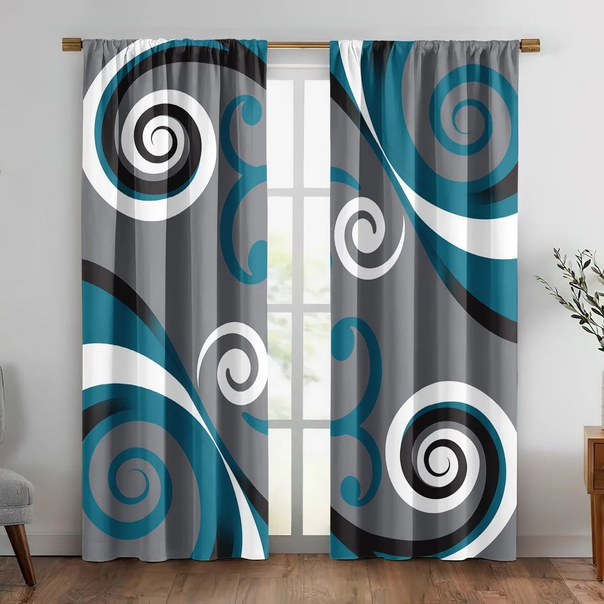 Modern Abstract Swirl Blackout Curtains Teal Grey Black White Spiral Pattern Window Drapes for Living Room Bedroom Contemporary