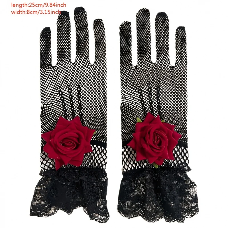 1 Pair of 3D Rose Simulated Flower Decorative Net Lace Gloves Solid Color Washable  Casual Wear Decorative Glove