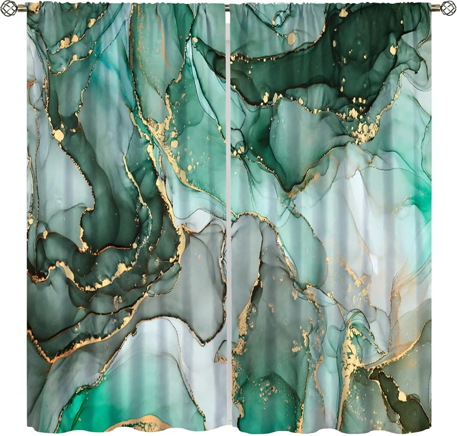 Luxurious Abstract Marble Gold Leaf Curtains Teal Green Drapes Window Panels Modern Living Room Bedroom Curtains Set Home Decor