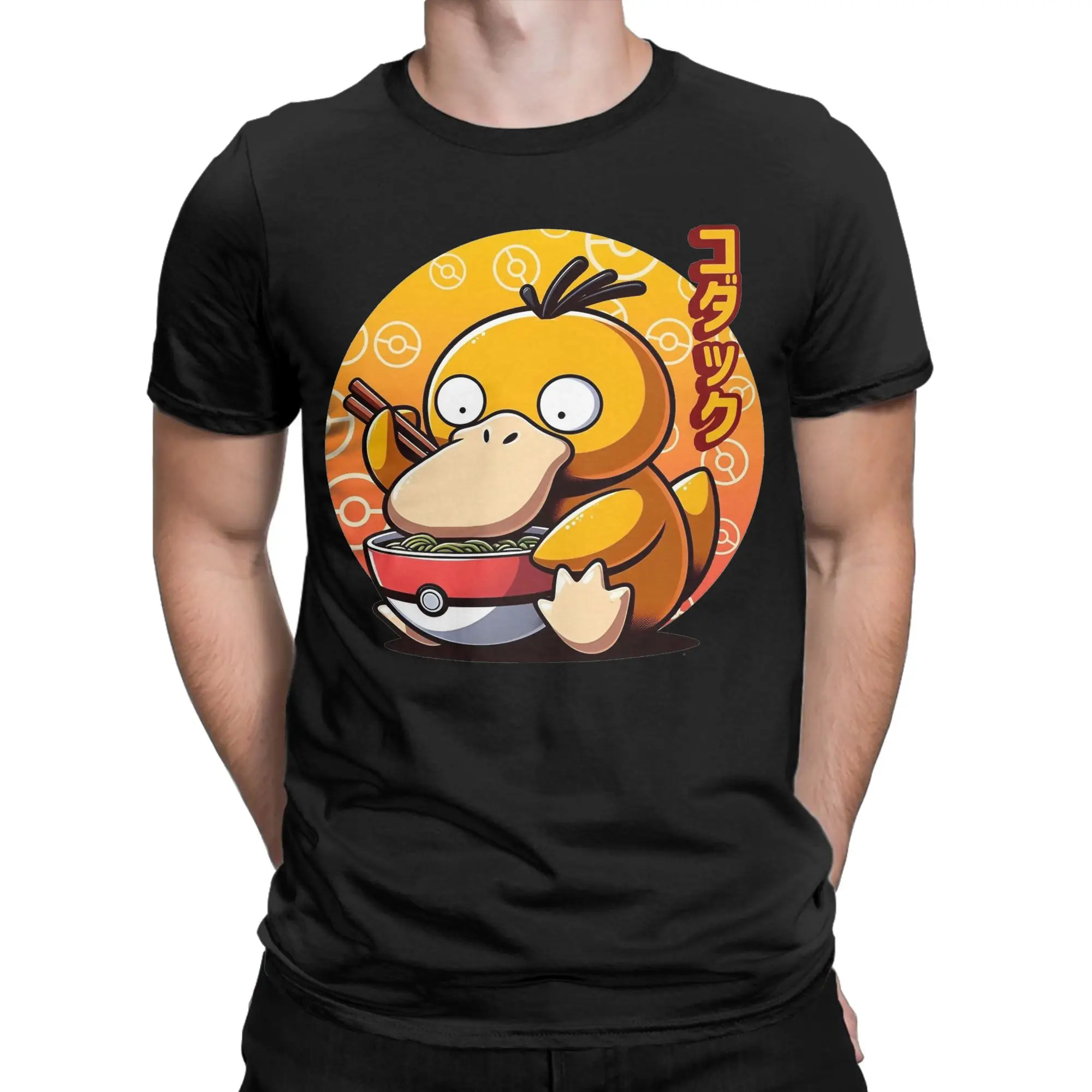 Men's T-Shirts Cute Water Type Creature Eating Ramen P-Pokemon Vintage Cotton Tees Psyduck T Shirts Round Collar Clothing 6XL