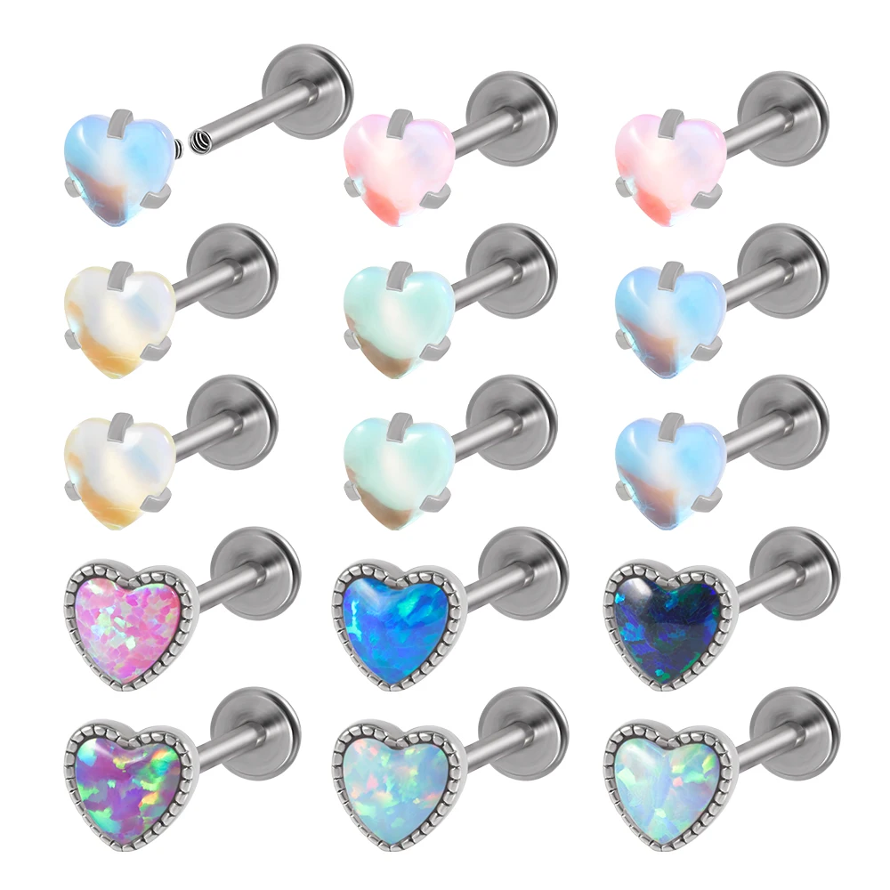 1pcs Surgical Steel Heart Shape Opal Lip Labret Piercing Lip Stud Ear Tragus Cartilage Conch Lobe Earrings Piercing Body Jewelry