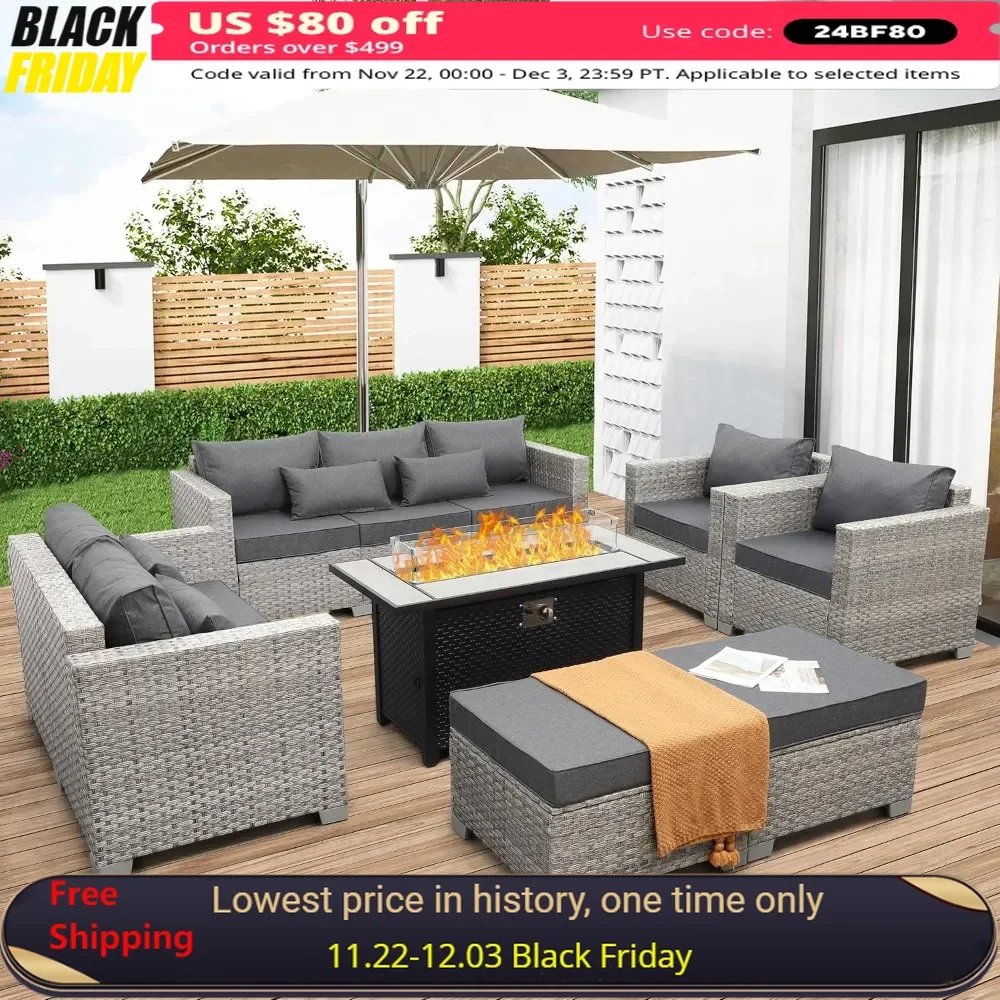 

Garden Sofa, Set of 7, PE Rattan Combination Sofa with 45" Fire Pit Table, Gray Cushions and Furniture Cover, Patio Sofa Set