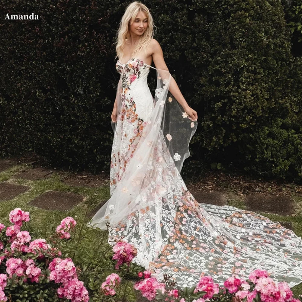 Amanda Lace Strapless Floral robes de soirée Mermaid Floor-Length Applique Evening Dresses Wedding Party V Neck Wedding Dress