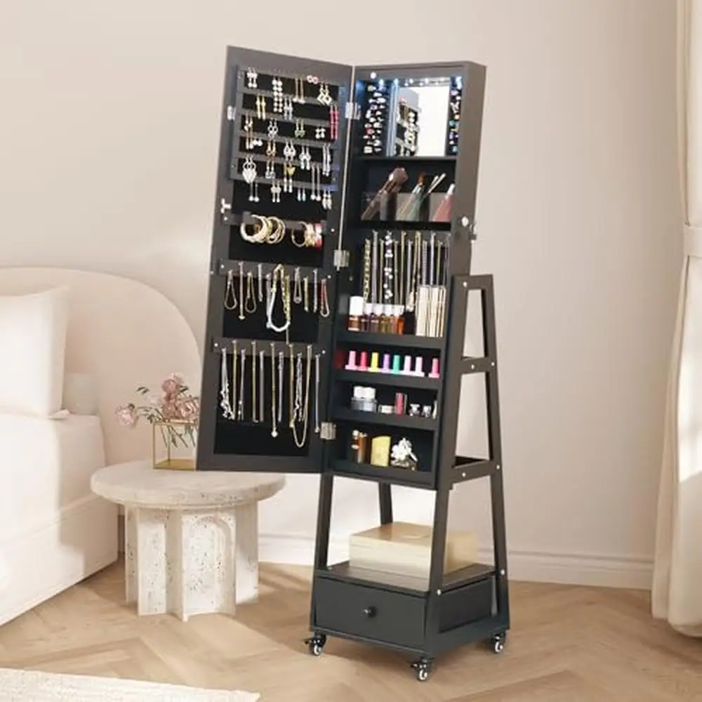 Led Spiegel Sieradenkast Met Afsluitbare Opslag Volledige Lengte Sieraden Armoire Organizer Lade Display Rotatie Make-Up Garderobe