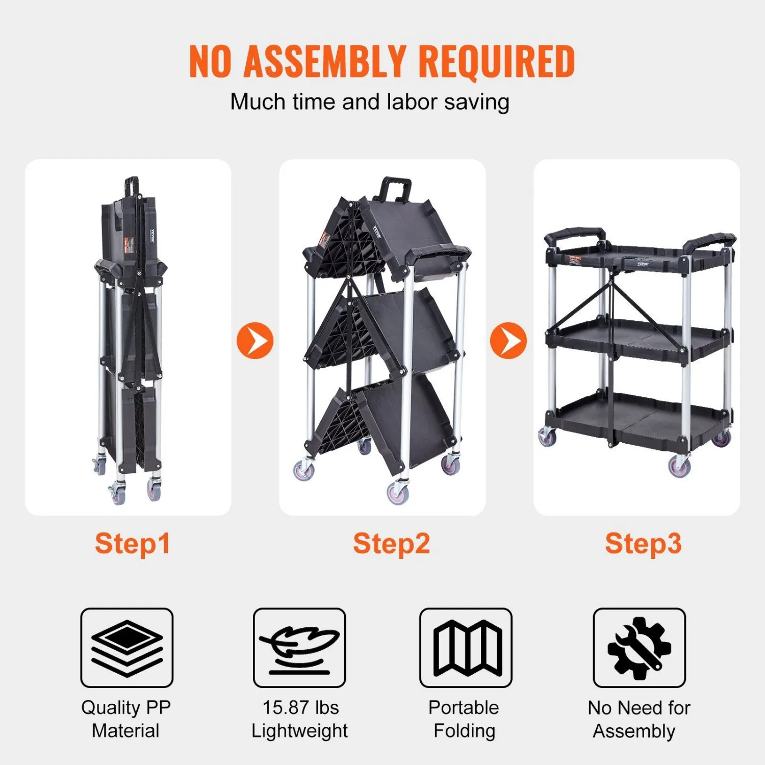 VEVOR Foldable Utility Service Cart, 3 Shelf 165LBS Heavy Duty Plastic Rolling Cart with Lockable Wheels, Ergonomic Handle, Port