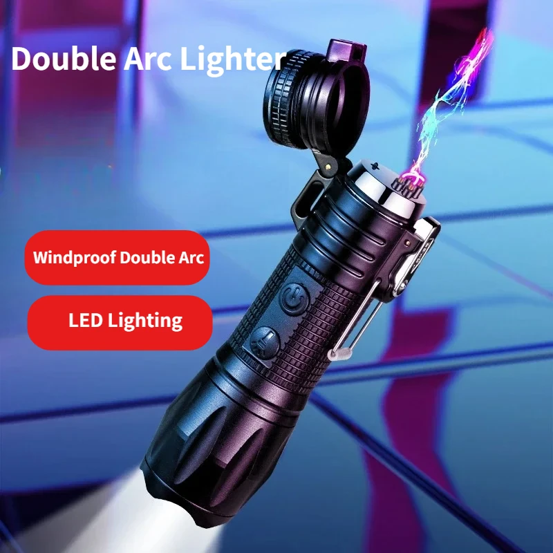 New Outdoor Windproof Lighter  USB Plasma Rechargeable Double Arc Lighter LED Lighting for Women's Defense Men's Smoking Tools