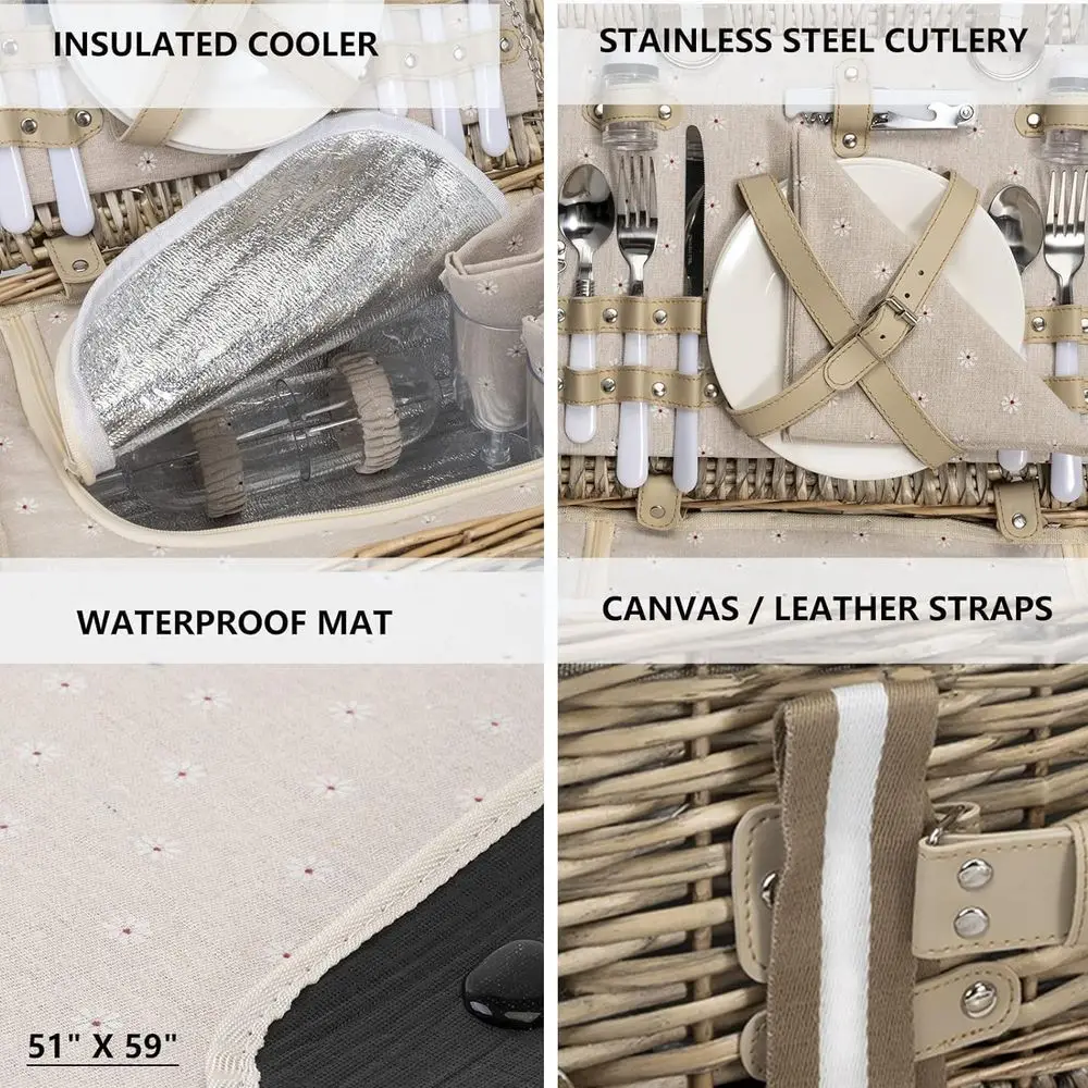 سلة نزهة معزولة مكونة من 19 قطعة للأزواج مع بطانية مقاومة للماء وحقيبة نبيذ للمغامرات الخارجية #3