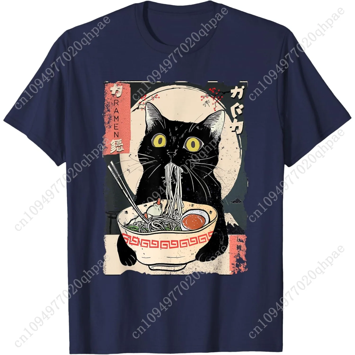 Kawaii القط الأكل رامين الشعرية مضحك أنيمي هدية الفتيات المراهقين تي شيرت