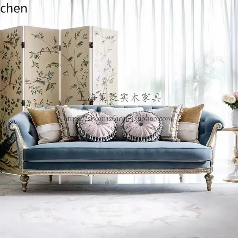 Solid Wood Fabric Sofa Set European Palace Style Carved Coffee Table Large Flat Living Room High-End FurnitureN10