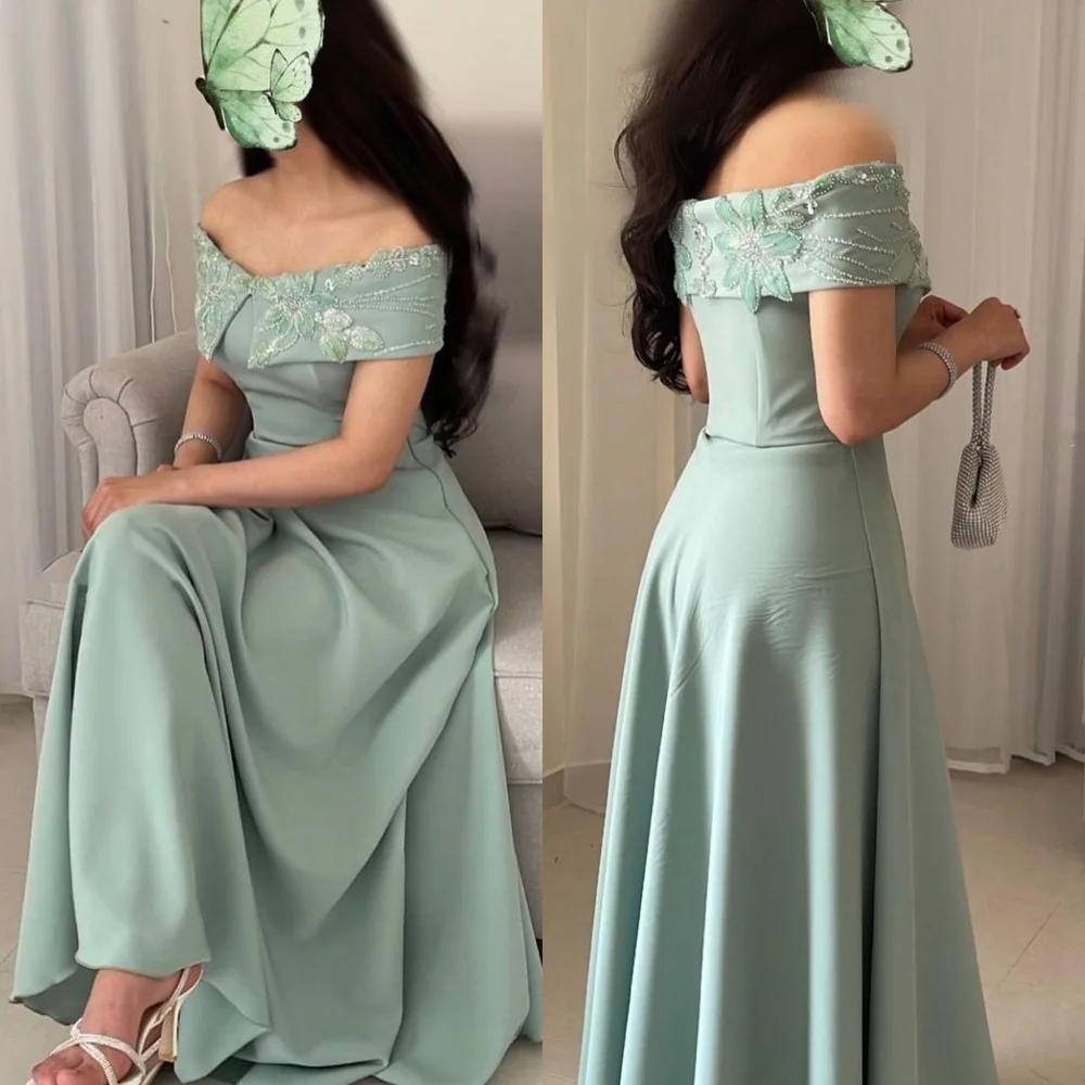 Jersey Sequined Flower Beading Ruched Celebrity A-line Off-the-shoulder Bespoke Occasion Gown Midi Dresses