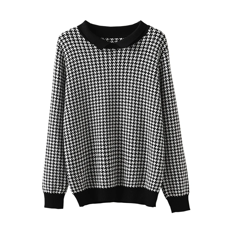 Early Autumn Women 100% Cotton Houndstooth Pattern Knit Sweater O-Neck Pullover Bottoming Sweater Comfortable Breathable Clothes