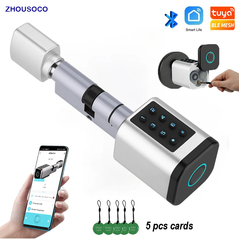

Умный дверной замок Tuya Cylinder с приложением, Bluetooth, пароль по отпечатку пальца, цифровые ключи RFID-карты, разблокировка, простая установка, замена