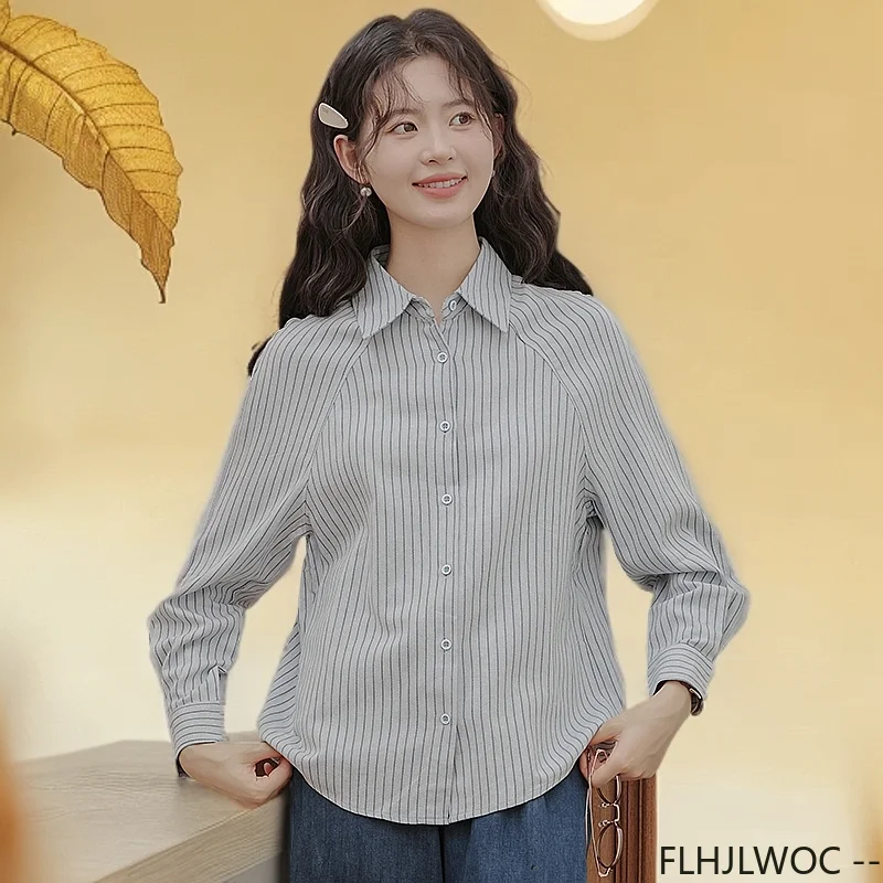 

Hot Sales Retro Chic Tops Blouses New 2025 Spring New Year Japan Girls Preppy Style Loose Casual Cute Button Blue Striped Shirts
