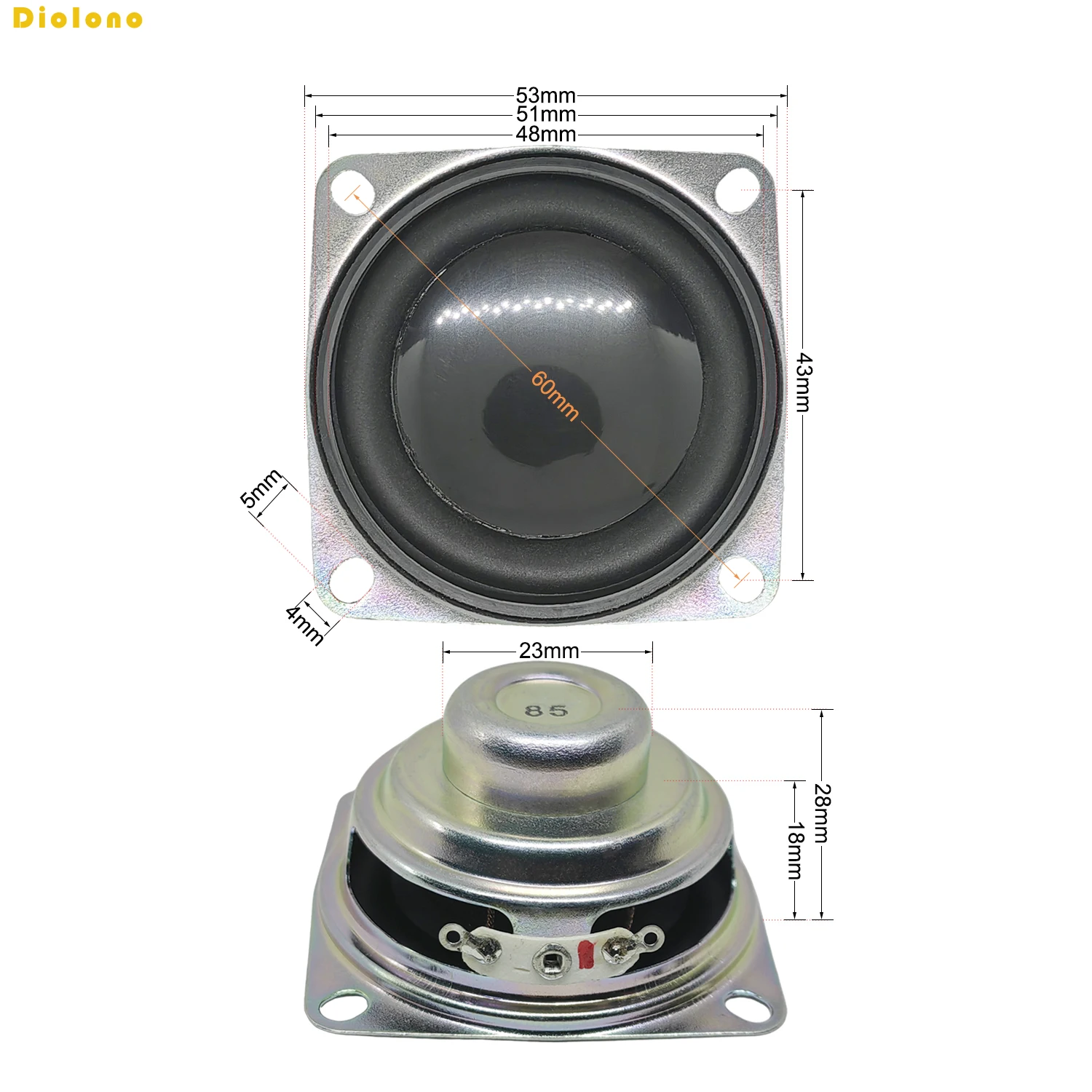 2pcs 8Ohm 5W 53MM 52mm 2inch Square Loudspeaker 22mm Internal Magnetic Speaker PU Edge Black Pot Bottom Height 28mm