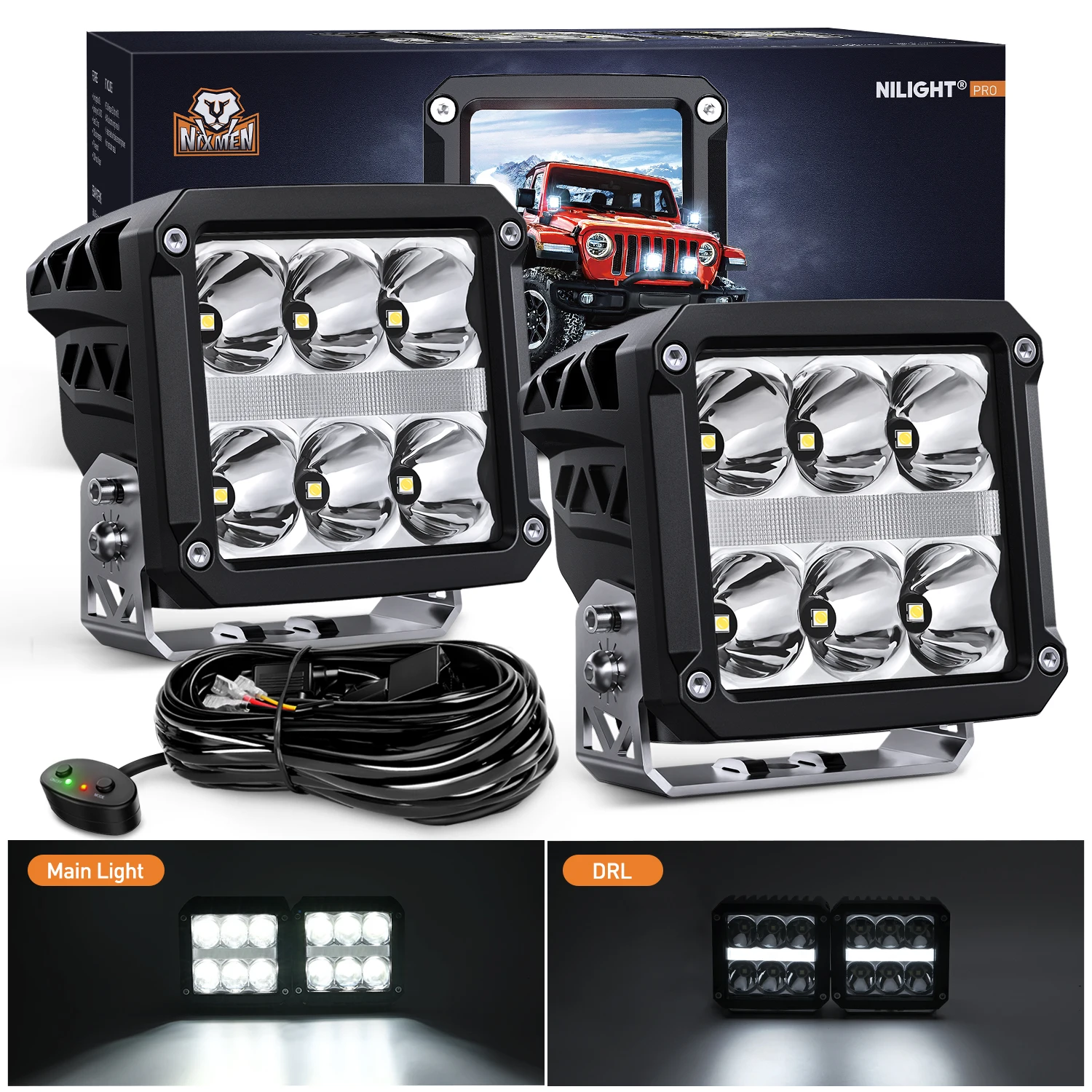 Nilight 4 Inch Square LED Pod Lights with DRL 60W 6487LM 10 Degree Super Spot Beam 16AWG Wiring Harness Kit for Auxiliary Offroad Driving Work Lamp for Truck UTV ATV SUV 4x4 Jeep