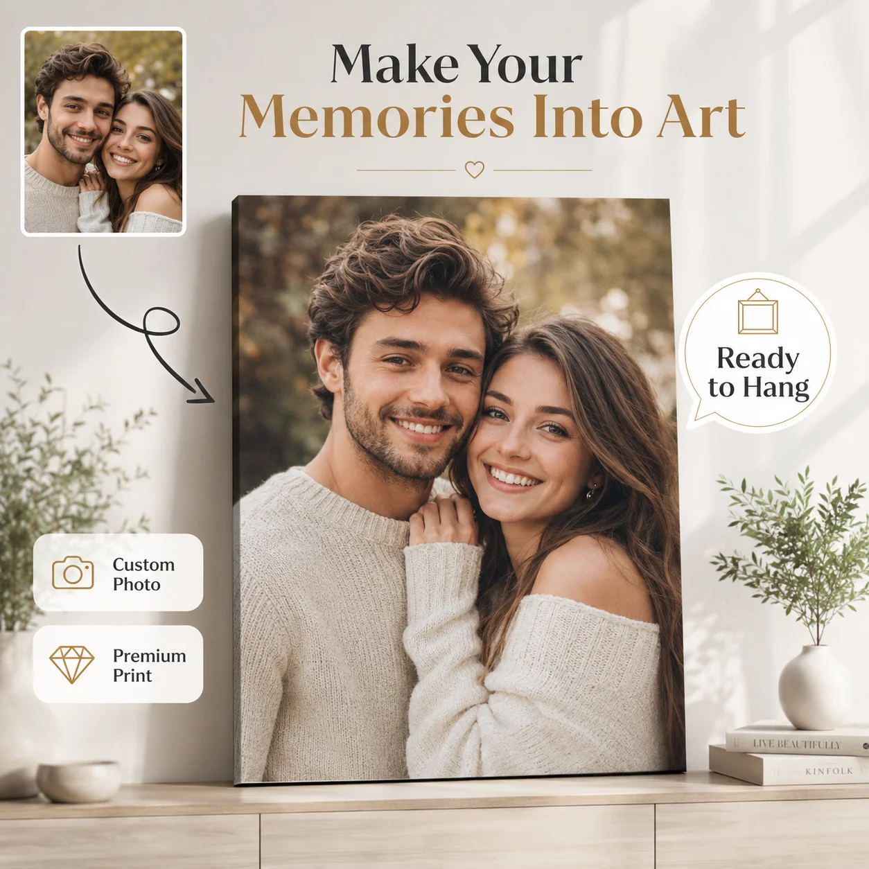 Custom Personalized Photo Canvas Wall Art, Ready To Hang Custom Canvas Prints Frame,Home Decor Custom Unique Couple Family Gifts