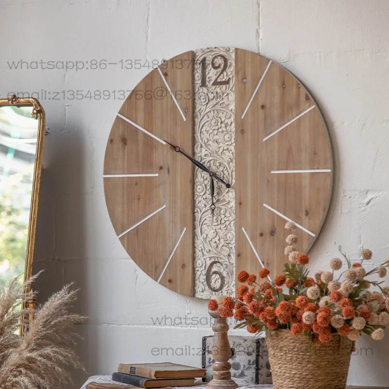 

American Country Solid Wood Decoration Wall Clock Engraving Round Wall Hanging Cafe Bar Homestay Wall Decoration