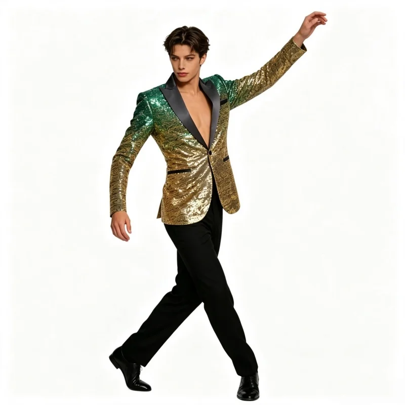 British Style Men's Wedding Suit Flashing Gold Black Sequins Blazer And Pants Set Male Singers Hosts Evening Parties Banquets