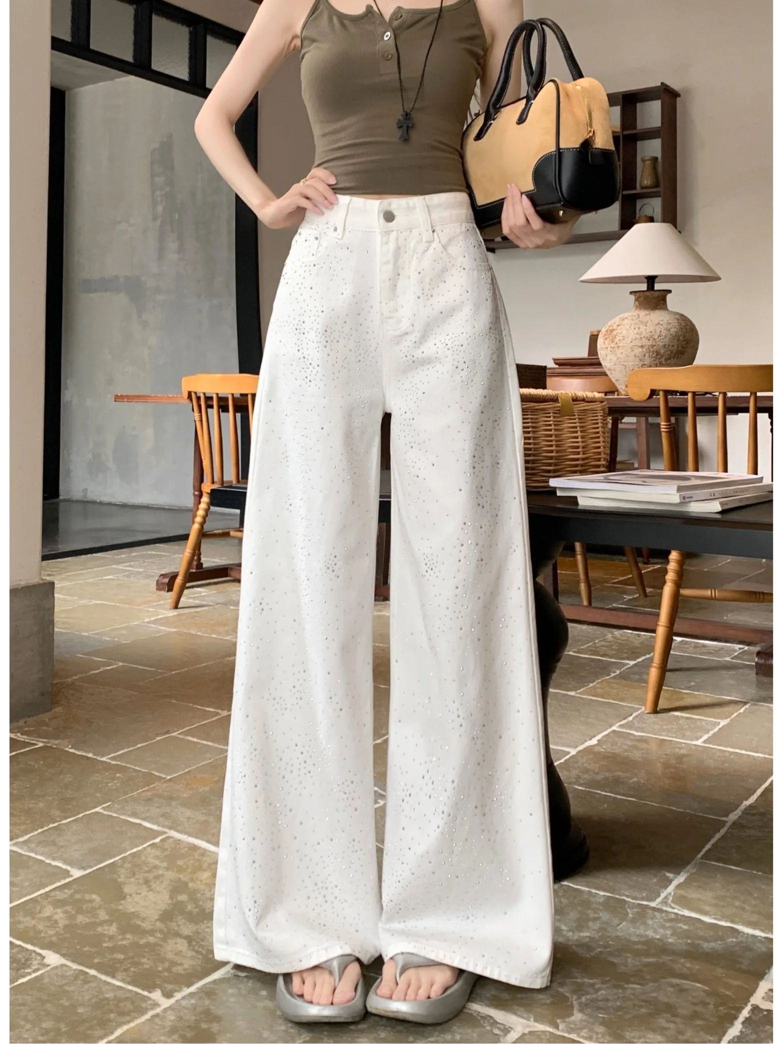 

High Waist Wide Leg Denim Jeans Women's White Loose Drapey Straight Leg Vintage Floor-Length Pants Commute Style