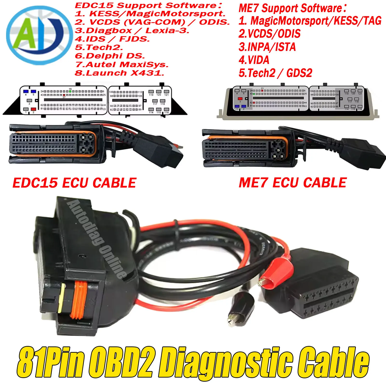 

OBD2 Diagnostic Cable For VW/Audi/Skoda 81Pin ECU Programming For Bosch ME7 EDC15 EDC15P EDC15V EDC15VM+ Engine For KESS VCDS