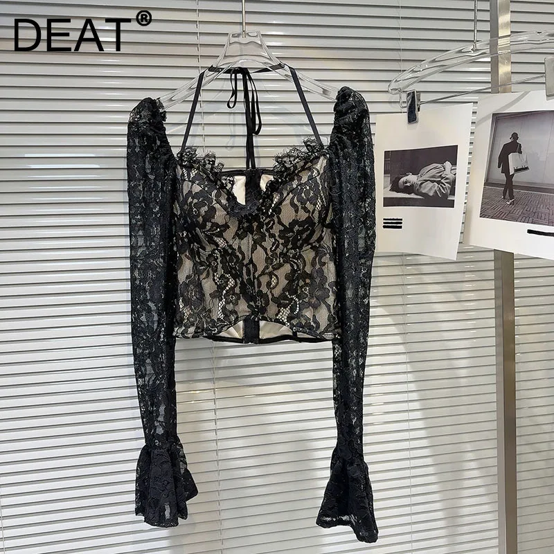 DEAT Fashion Trendy Lace Edge Hang Neck Low Collar T-shirts For Women Bandage Black Zipper Tops Female 2025 Spring New 11A02025