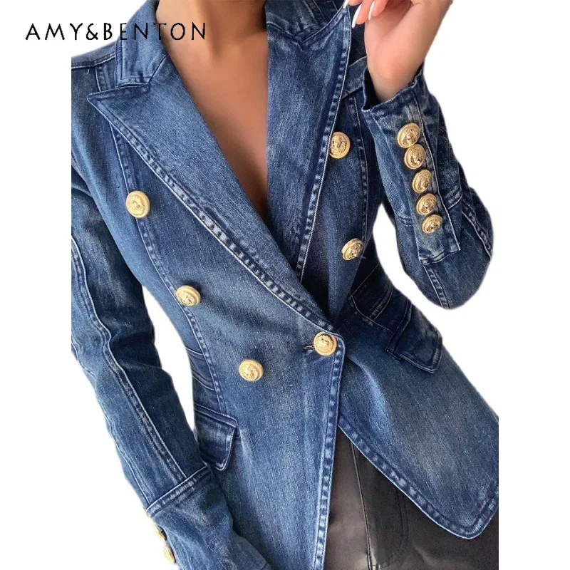 European Goods Vintage Double Breasted Wash Denim Jacket Women Winter New Fashion OL Tailored Collar Casual Slim Fit Jackets