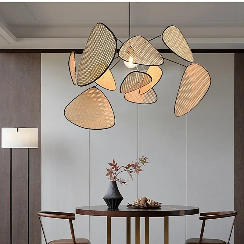 

Designer Wicker Pendant Lamp for Living Room Bedroom Restaurant Wood Pendant Lamp Creative Leaf Grid Rural Handmade Rattan Lamp