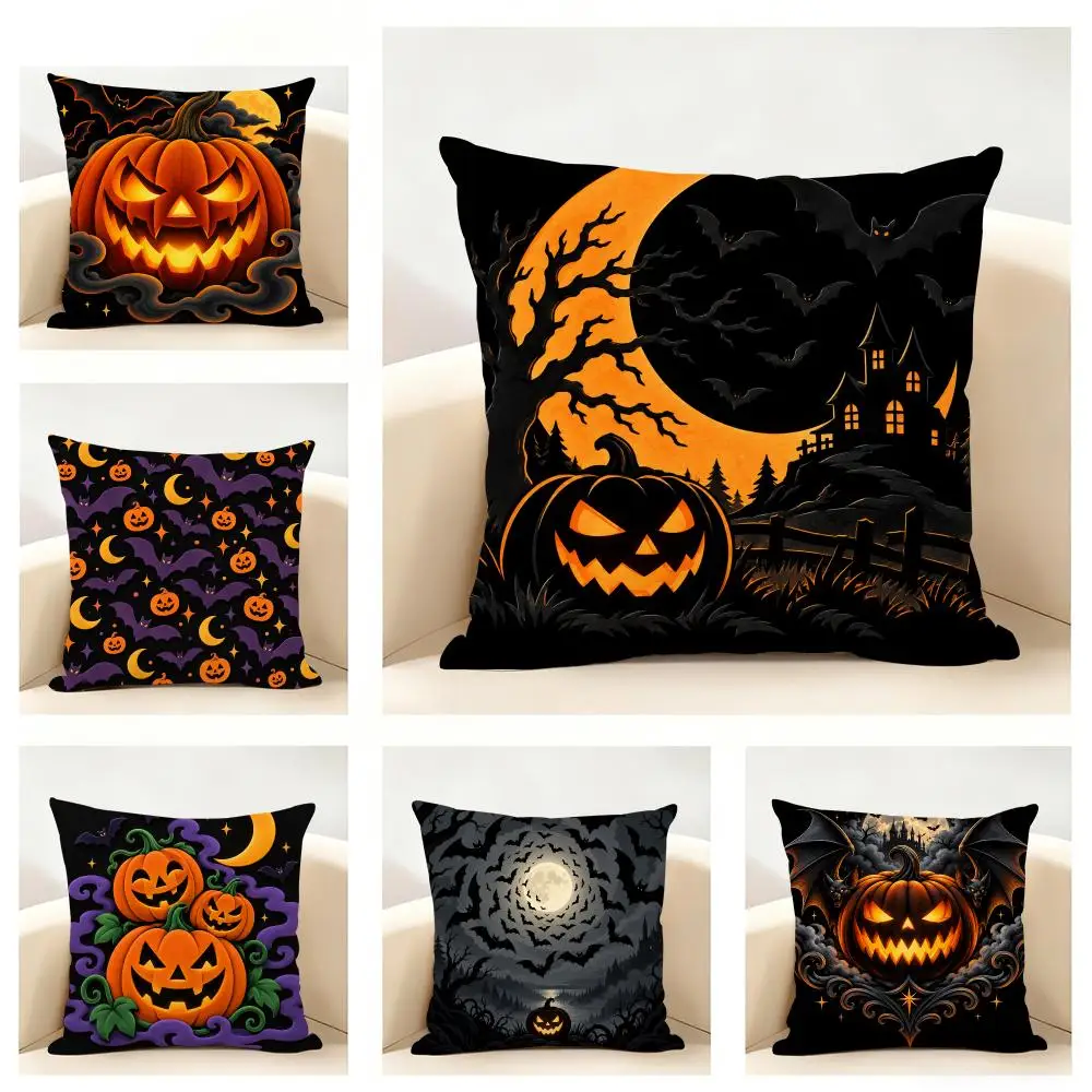H-Halloween Flock Print Cushion Cover Linen Minimalist Soft  for Sofa Bed Home Room Decor