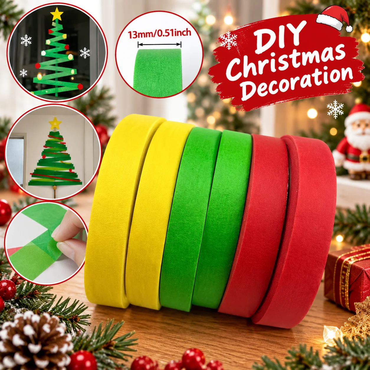 2/3Rolls Christmas Masking Tape 13mm x 20M Red Green Yellow Crepe Paper Tape DIY Xmas Tree Window Wall Decoration Craft Supplies