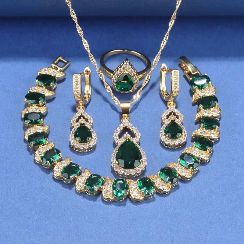 Dubai Luxurious Gold-Color Cubic Zirconia Green Jewelry Sets For Women Bracelet Ring Necklace And Earrings Bridal Accessories