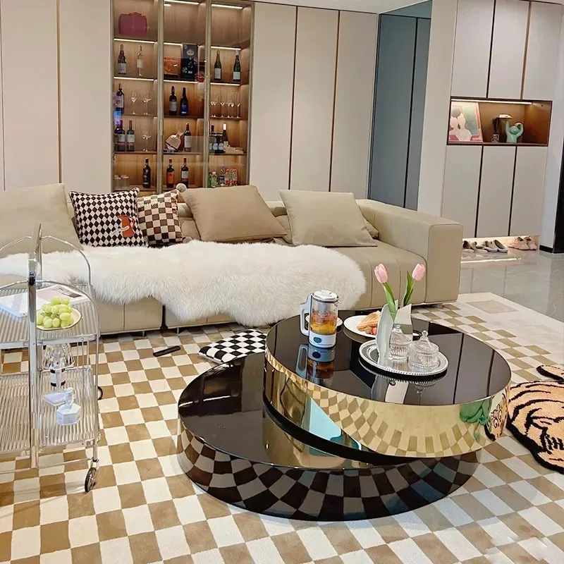 Light luxury rotatable folding coffee table, mirror champagne golden living room drawer tea table
