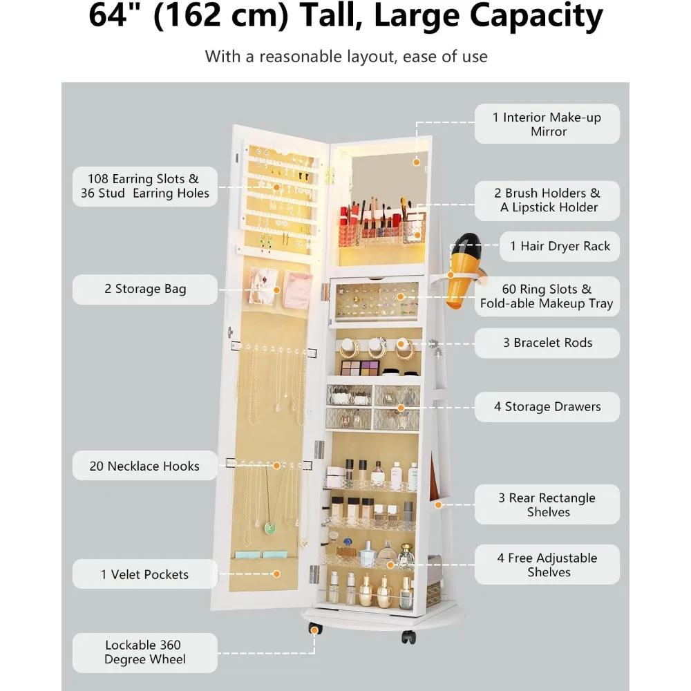 Full Length Mirror Jewelry Cabinet with Storage, 360 Rotating Lockable Armoire with Lights, White