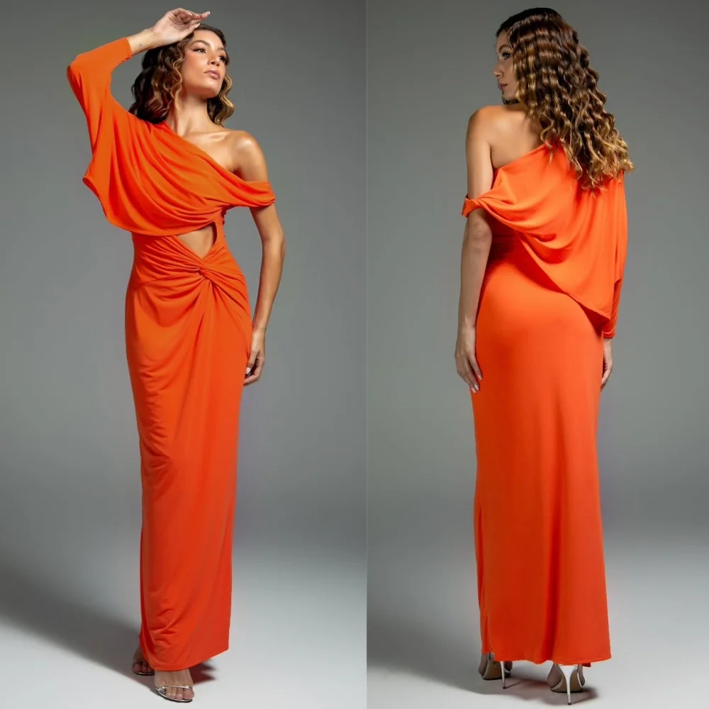 

Customized Sizes Available Jersey Pleat A-line Off-the-shoulder Midi Dresses Bespoke Occasion Formal Casual