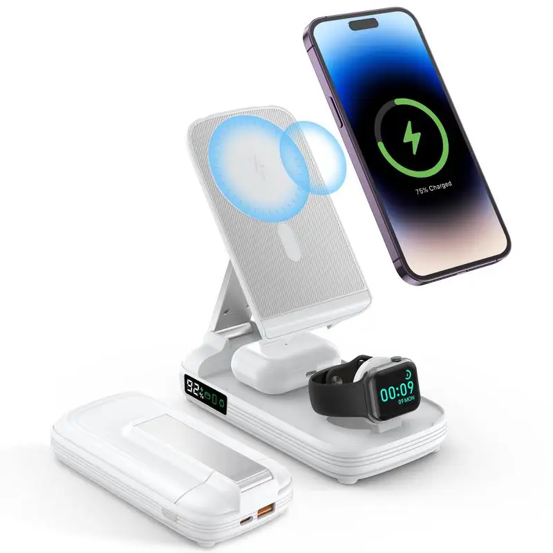 

10,000mAh Magnetic Power Bank: 3-in-1 wireless charger adjustable stand. Fast charging, digital display. Works for iPhone 15/