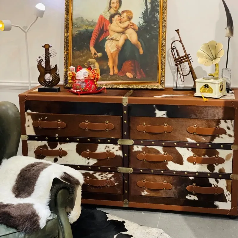 Vintage style vintage solid wood cowhide chest of drawers and living room storage cabinet