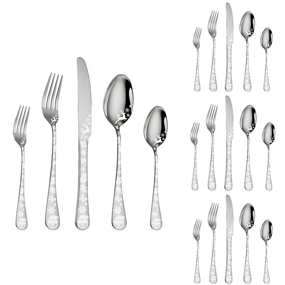 20 PCS Stainless Steel Silverware Set Round Edge Christmas Pattern Flatware Cutlery Set Easy to clean Silver