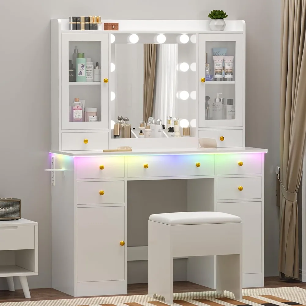 vanity desk with mirror and lights, 43